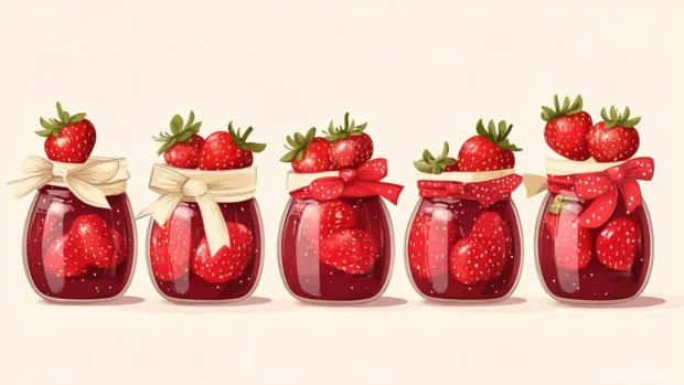Cartoon strawberry jam jars arranged neatly with ribbon decorations.