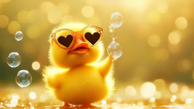 Cartoon style Cute Duck Wallpapers showing a yellow duck with heart shaped glasses blowing bubbles.