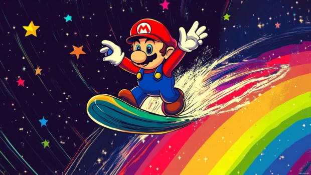 Cartoon style Mario Star Wallpaper of Mario surfing across rainbow stars in deep space.