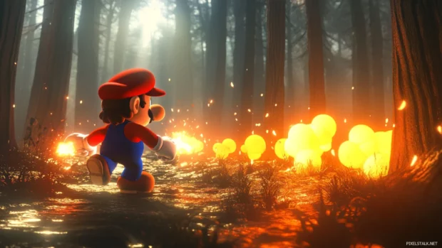 Cartoon style Mario shooting fireballs in a forest stage with glowing effects.