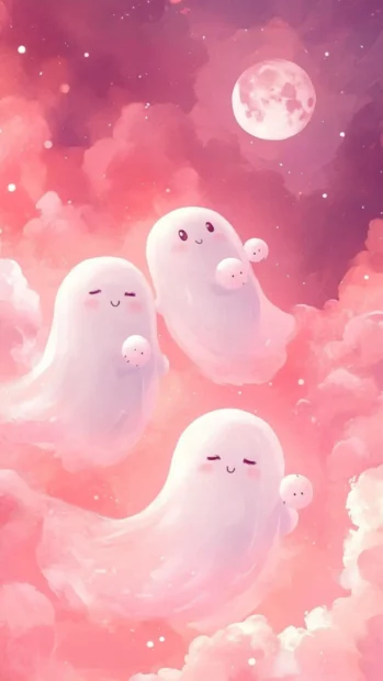 Cartoon style Pink Ghost Wallpapers with sleepy ghosts holding moon pillows in soft pink haze.
