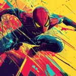 Cartoon style Spiderman wallpaper with bold lines and comic book halftones for desktop.