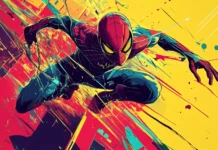 Cartoon style Spiderman wallpaper with bold lines and comic book halftones for desktop.