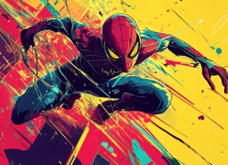 Cartoon style Spiderman wallpaper with bold lines and comic book halftones for desktop.