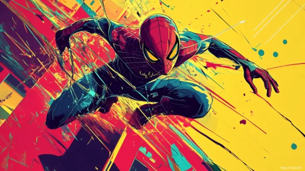 Cartoon style Spiderman wallpaper with bold lines and comic book halftones for desktop.