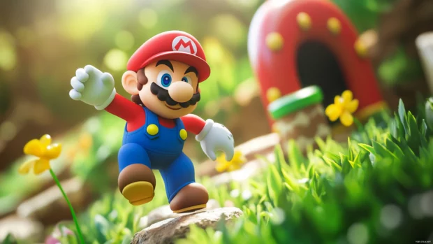 Cartoon style Super Mario World Wallpaper with Mario sliding down a hill into a warp pipe.