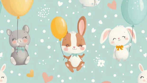 Cartoon style animal friends holding balloons in a seamless pattern, made for cute pc wallpapers.