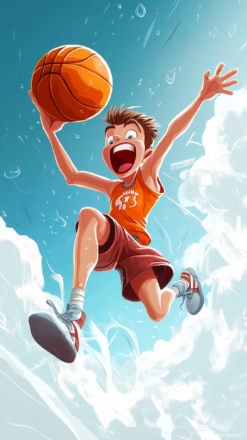 Cartoon style basketball character launching slam dunk.