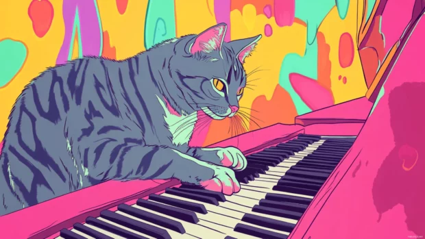 Cartoon style grey cat playing piano in colorful art style.