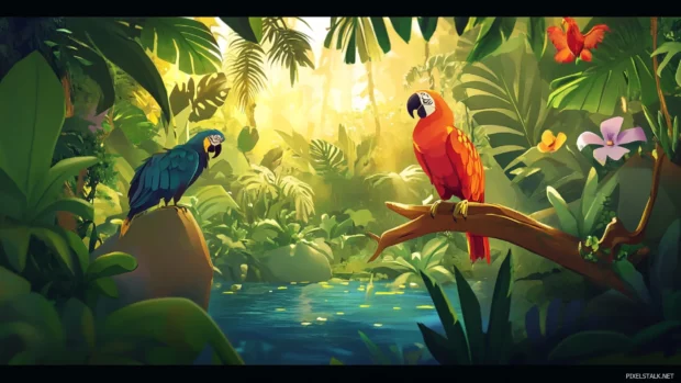 Cartoon style jungle animals in bright tropical environment.
