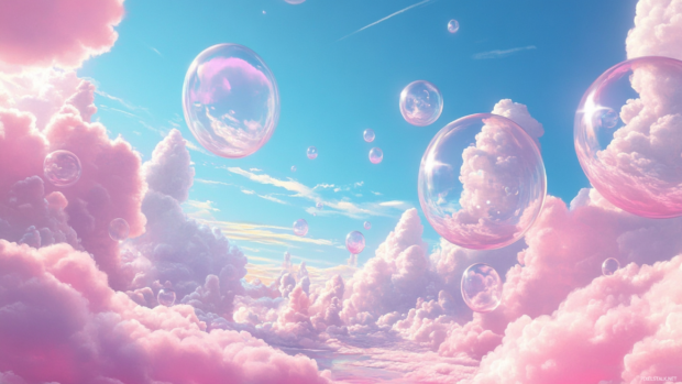 Cartoon style pastel pink world with dreamy clouds and bubbles, top choice in pink anime desktop backgrounds.