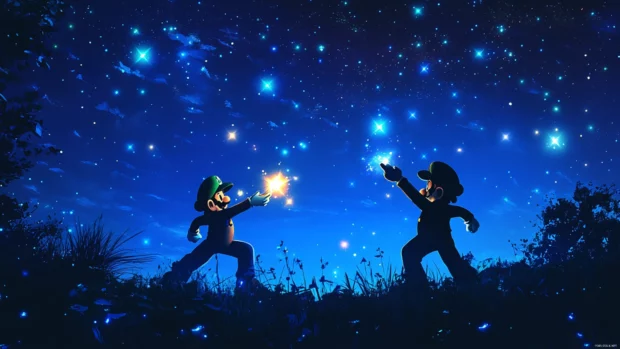 Cartoon styled Mario and Luigi Wallpaper with both brothers striking power up poses under falling stars.