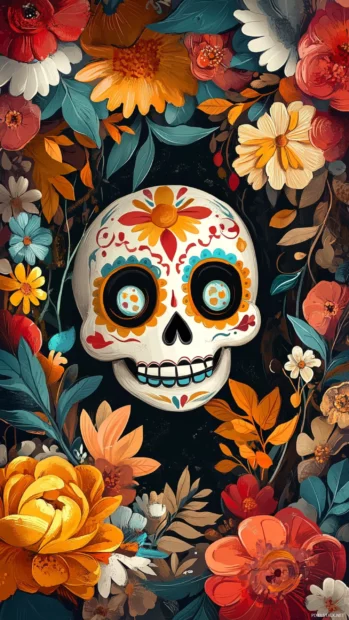 Cartoon sugar skull peeking from a floral archway.