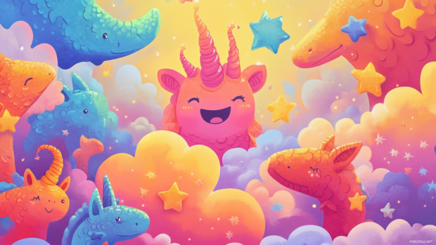 Cartoon trippy animal parade with smiling stars and hopping clouds all around.
