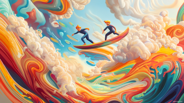 Cartoon trippy characters surfing on noodles through a sauce colored sky.