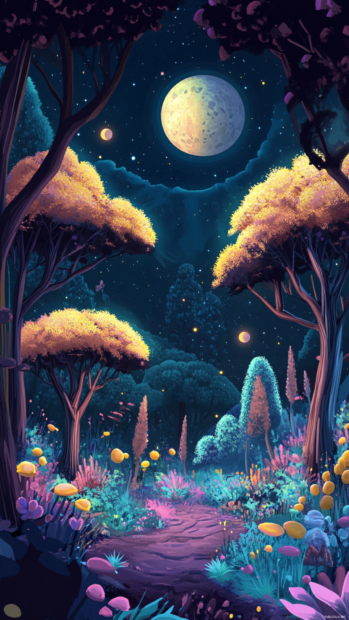 Cartoon trippy clockwork forest filled with blinking trees and rotating moons.