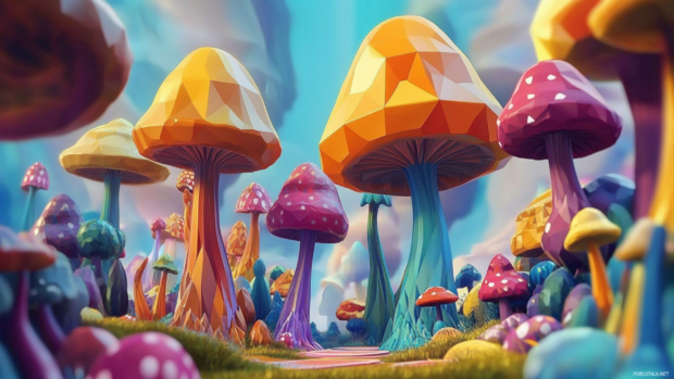 Cartoon trippy garden of oversized mushrooms and wiggling geometric trees.