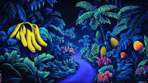 Cartoon trippy jungle with banana roads and fruit faced birds in glowing outlines.