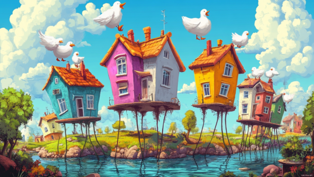 Cartoon trippy landscape where houses have legs and chase fluffy ducks on stilts.
