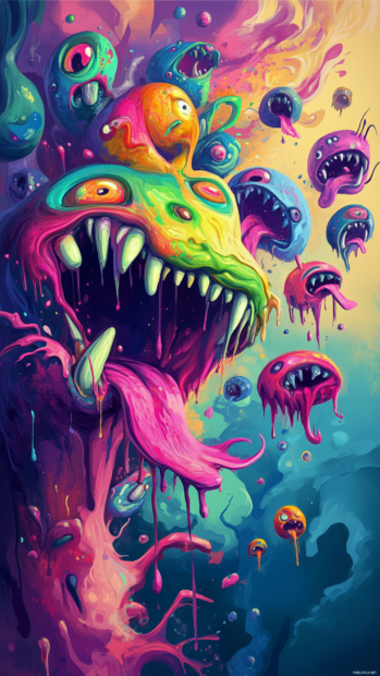 Cartoon trippy paint splashes forming creatures midair as the background flows gently.