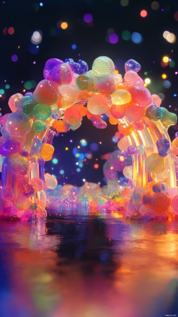 Cartoon trippy portal made of gummy circles glowing with rainbow sparks.