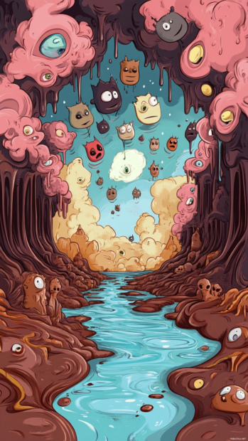 Cartoon trippy sky of faces looking in every direction above a chocolate river.