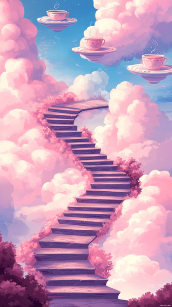 Cartoon trippy stairs leading nowhere under floating pink clouds and singing teacups.
