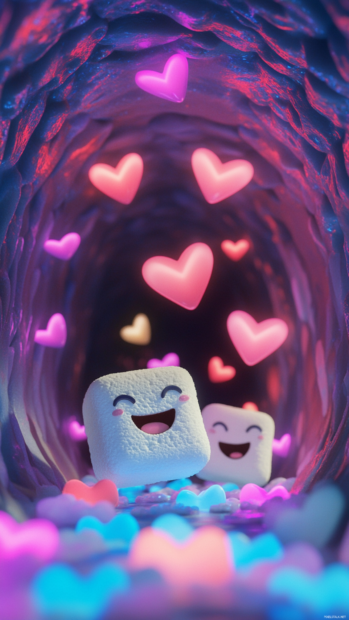 Cartoon trippy tunnel of laughing marshmallows and neon hearts.