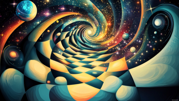 Cartoon trippy vortex of stars and bubbles spinning through a checkerboard sky.