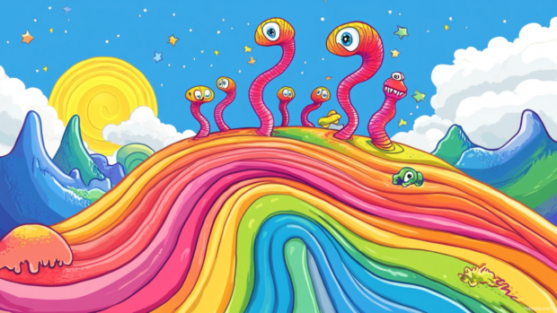 Cartoon trippy worms dancing across a hill made of rainbow spaghetti.
