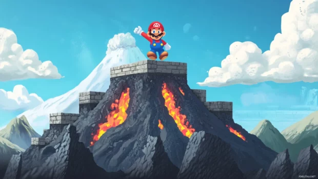Cartoon view of Mario crossing platforms above a volcano with a determined smile.