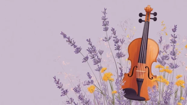 Cartoon violin and soft flowers on lavender background.
