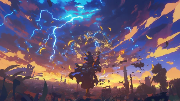 Cartoon wallpaper 4K for PC showcasing action packed standoff with lightning in the sky.
