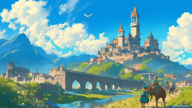 Cartoon wallpaper HD for desktop computer featuring a dreamy castle with animated characters walking below.
