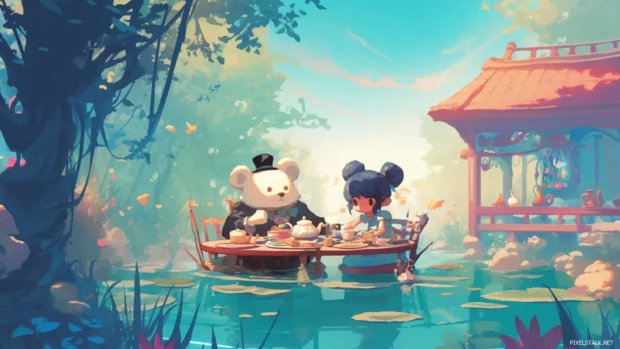 Cartoon wallpaper HD for desktop computer showing friends sharing tea in a floating garden.