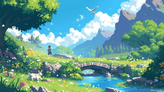 Cartoon wallpaper HD for desktop computer showing peaceful pixel landscapes and happy animals.