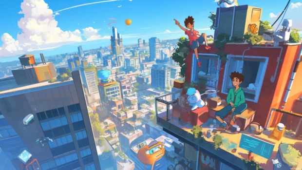 Cartoon wallpaper for desktop featuring classic characters in a bright cityscape.