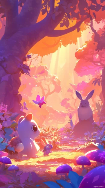 Cartoon wallpaper for iPhone with cute animals exploring a magical pastel forest.