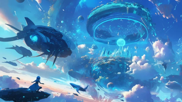 Cartoon wallpapers for desktop illustrated with futuristic technology and fantasy creatures.