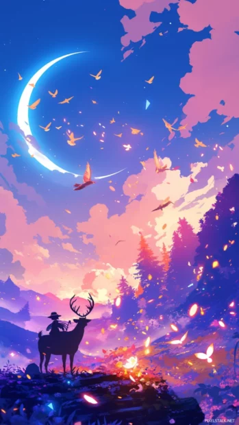 Cartoon wallpapers for iPhone showcasing magical animal friends under a glowing sky.