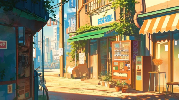 Cartoon wallpapers free download depicting cozy town streets at golden hour.