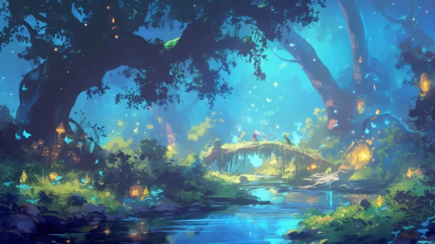Cartoon wallpapers free download in a whimsical forest full of stars and magic.