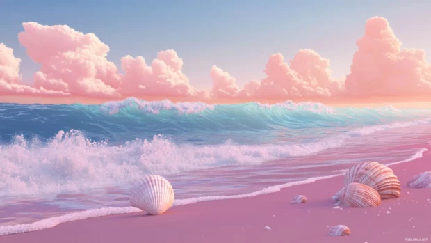 Cartoon waves roll gently on a pastel beach scene with animated seashells.