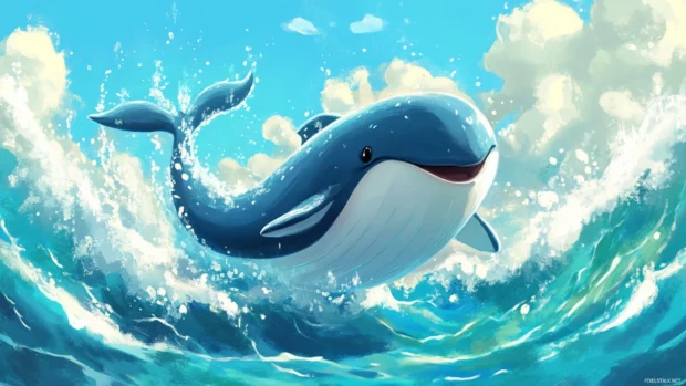 Cartoon whale splashing water with light blue waves.