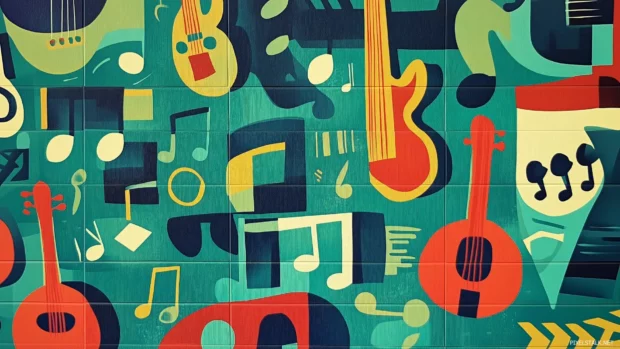 Cartoonish instruments and musical notes playful design vibrant color scheme cheerful repeating tile pattern.
