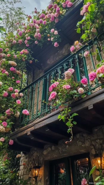 Cascading Pretty Flower vines over ancient balcony.