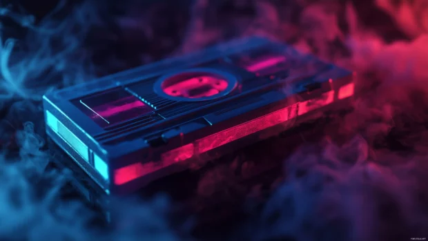 Cassette tape in neon glow, dark setting, smoke, blends nostalgic modern music.