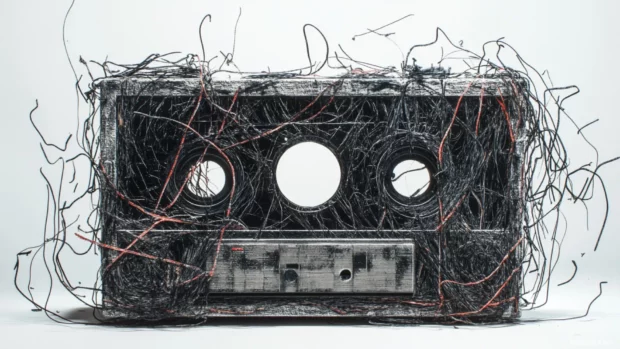 Cassette tape wrapped in tangled retro spray lines.