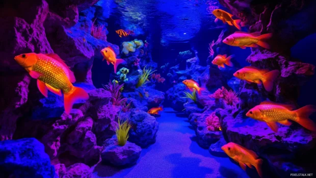 Casting blue and purple hues over colorful rocks and plants with futuristic LED lighting, a fish tank is filled with neon colored fish.