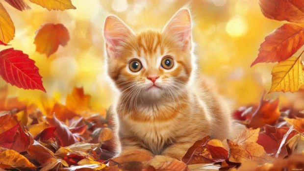 Cat PC Wallpapers showing a ginger kitten in autumn leaves, full of seasonal charm.